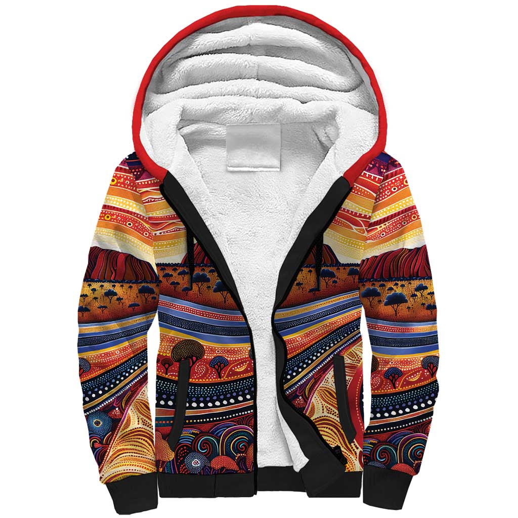 Uluru Ayers Rock Sunset Sherpa Hoodie Aboriginal Dot Painting
