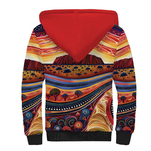 Uluru Ayers Rock Sunset Sherpa Hoodie Aboriginal Dot Painting