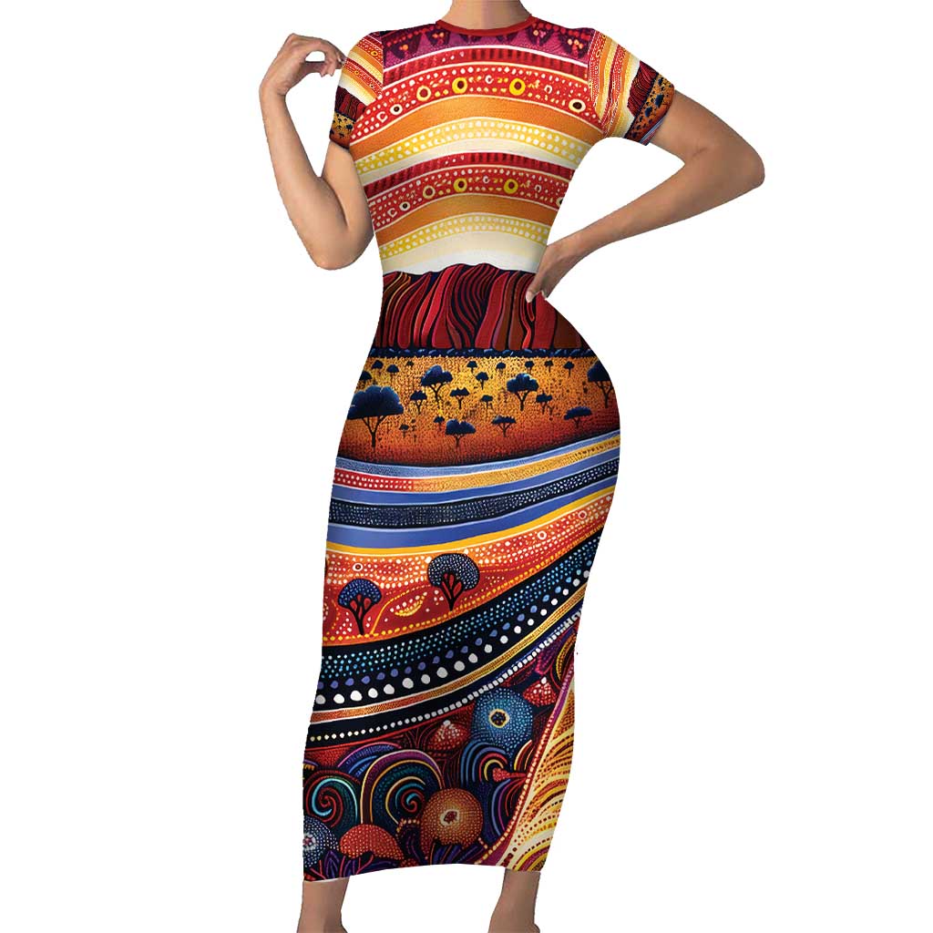 Uluru Ayers Rock Sunset Short Sleeve Bodycon Dress Aboriginal Dot Painting