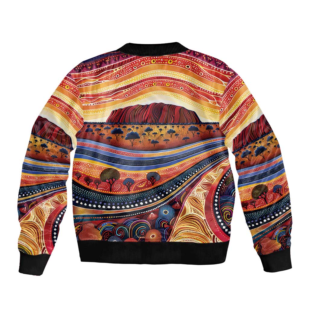 Uluru Ayers Rock Sunset Sleeve Zip Bomber Jacket Aboriginal Dot Painting