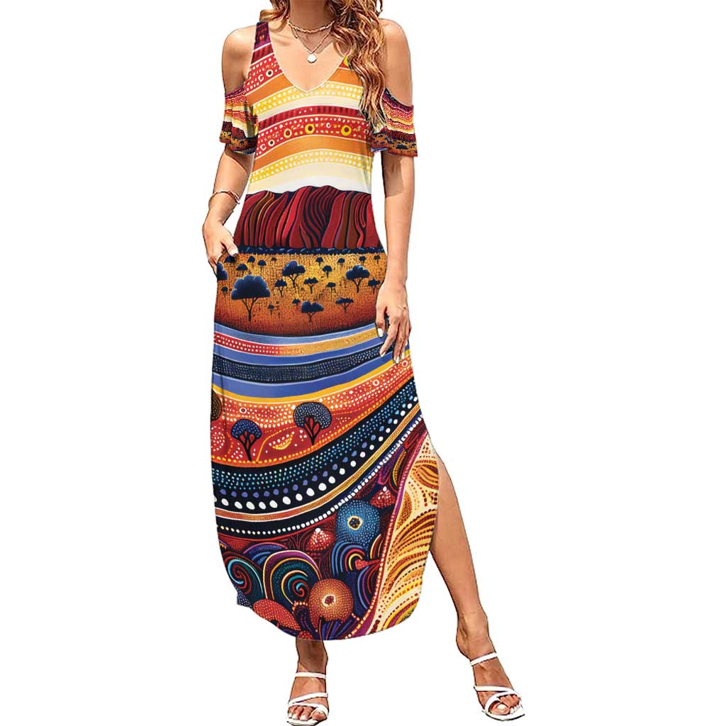 Uluru Ayers Rock Sunset Summer Maxi Dress Aboriginal Dot Painting