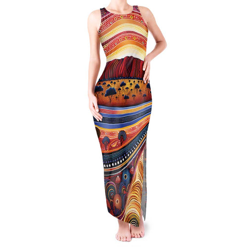 Uluru Ayers Rock Sunset Tank Maxi Dress Aboriginal Dot Painting