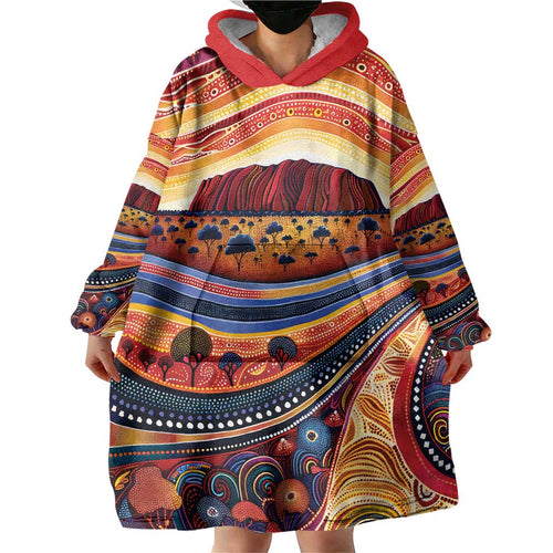 Uluru Ayers Rock Sunset Wearable Blanket Hoodie Aboriginal Dot Painting