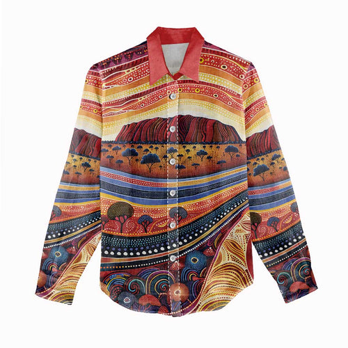 Uluru Ayers Rock Sunset Women Casual Shirt Aboriginal Dot Painting