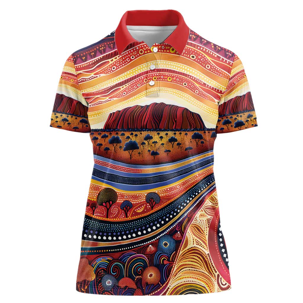 Uluru Ayers Rock Sunset Women Polo Shirt Aboriginal Dot Painting