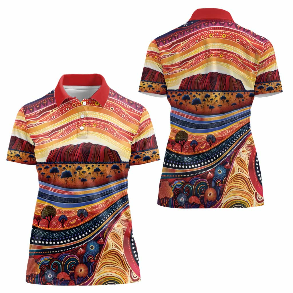 Uluru Ayers Rock Sunset Women Polo Shirt Aboriginal Dot Painting