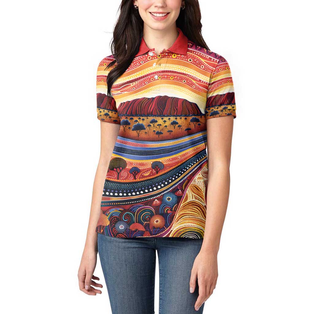 Uluru Ayers Rock Sunset Women Polo Shirt Aboriginal Dot Painting