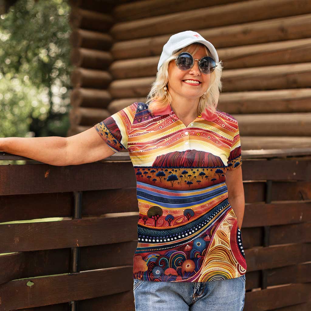 Uluru Ayers Rock Sunset Women Polo Shirt Aboriginal Dot Painting