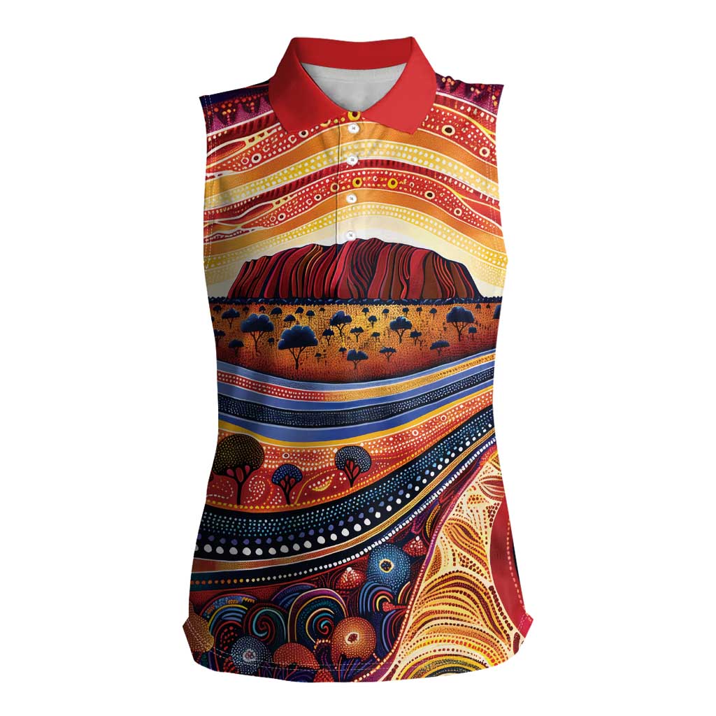 Uluru Ayers Rock Sunset Women Sleeveless Polo Shirt Aboriginal Dot Painting