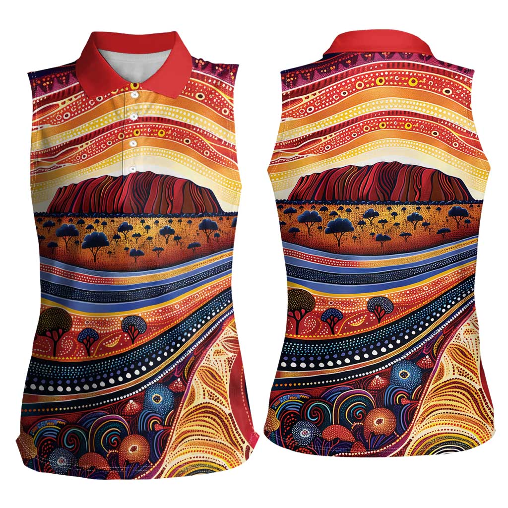 Uluru Ayers Rock Sunset Women Sleeveless Polo Shirt Aboriginal Dot Painting