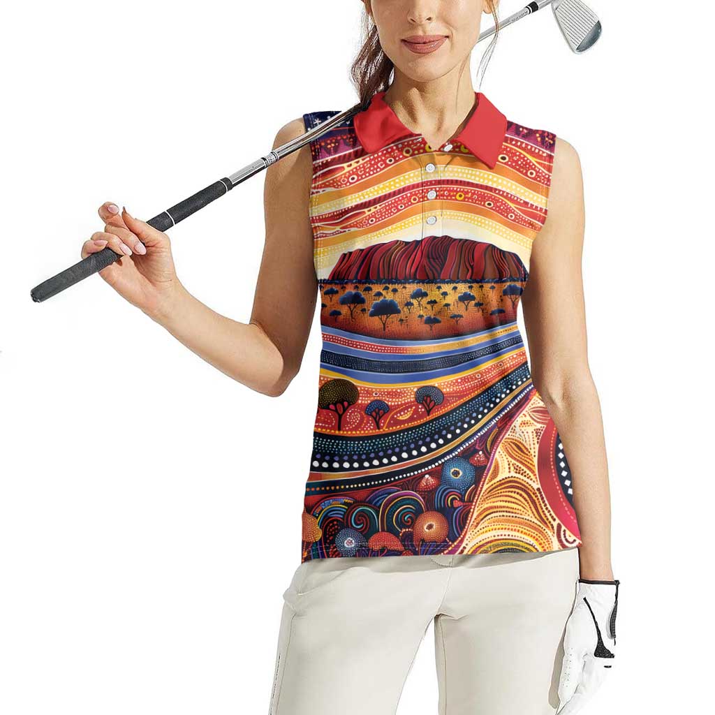 Uluru Ayers Rock Sunset Women Sleeveless Polo Shirt Aboriginal Dot Painting