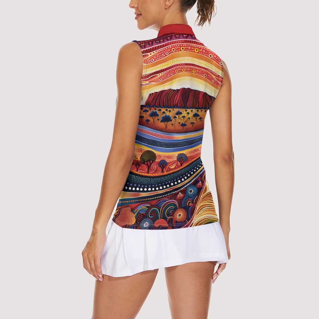 Uluru Ayers Rock Sunset Women Sleeveless Polo Shirt Aboriginal Dot Painting
