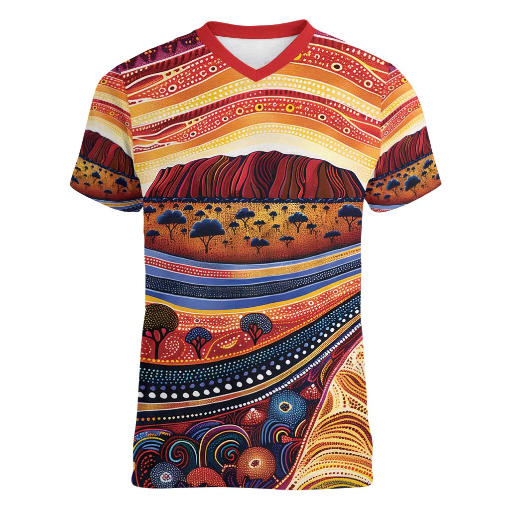 Uluru Ayers Rock Sunset Women V-Neck T-Shirt Aboriginal Dot Painting