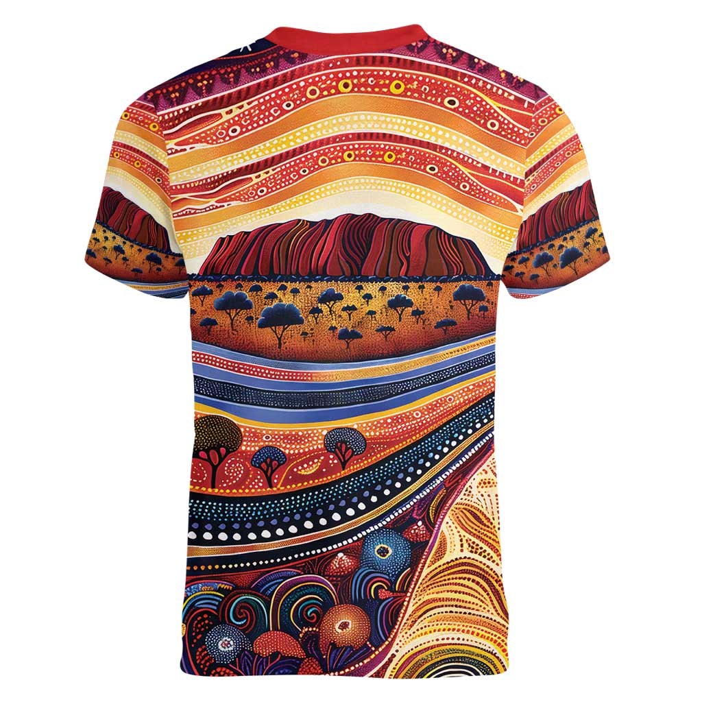 Uluru Ayers Rock Sunset Women V-Neck T-Shirt Aboriginal Dot Painting