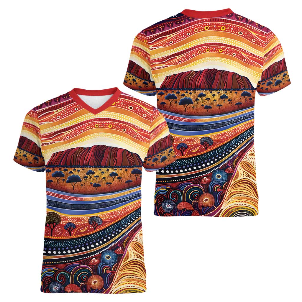 Uluru Ayers Rock Sunset Women V-Neck T-Shirt Aboriginal Dot Painting