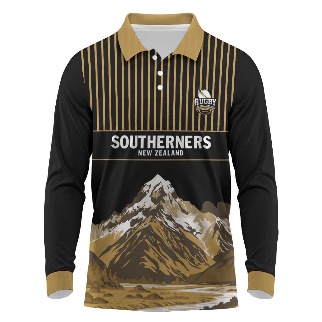 Custom Oceania Football NZ South Island Long Sleeve Polo Shirt Minimal Mount Cook Silhouette