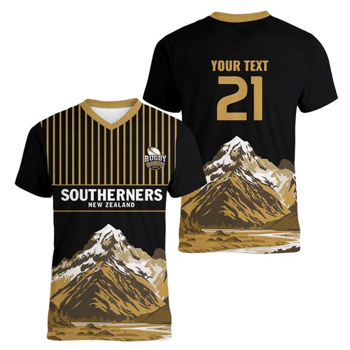 Custom Oceania Football NZ South Island Women V-Neck T-Shirt Minimal Mount Cook Silhouette