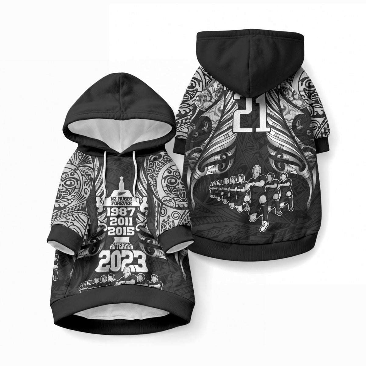 Custom New Zealand Maori Rugby Pet Hoodie Black Haka Dance With NZ Champions History