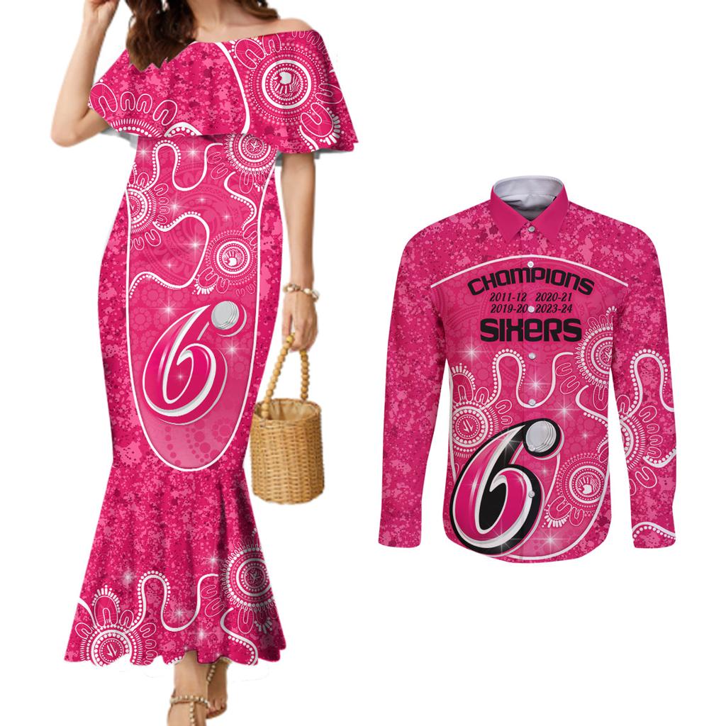 custom-sydney-sixers-cricket-couples-matching-mermaid-dress-and-long-sleeve-button-shirt-the-fourth-time-champions-aboriginal