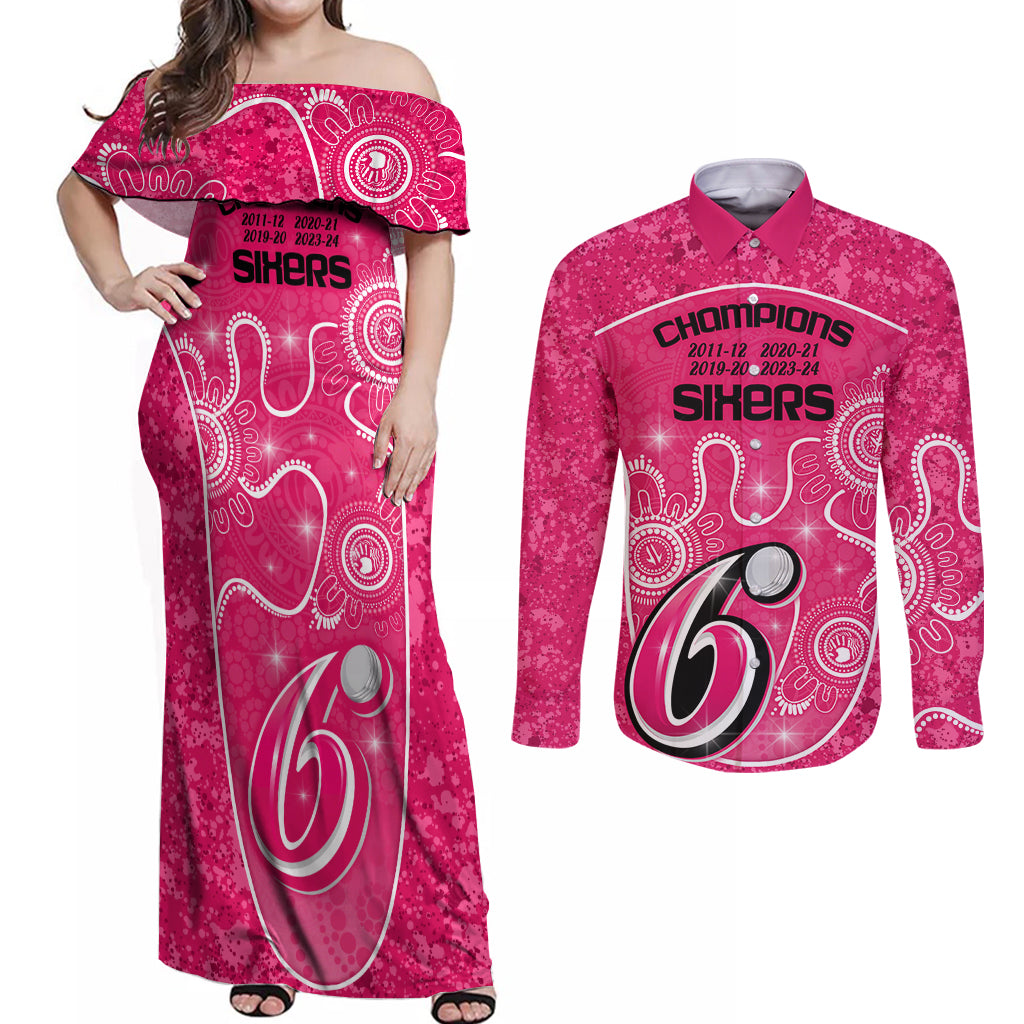 custom-sydney-sixers-cricket-couples-matching-off-shoulder-maxi-dress-and-long-sleeve-button-shirt-the-fourth-time-champions-aboriginal