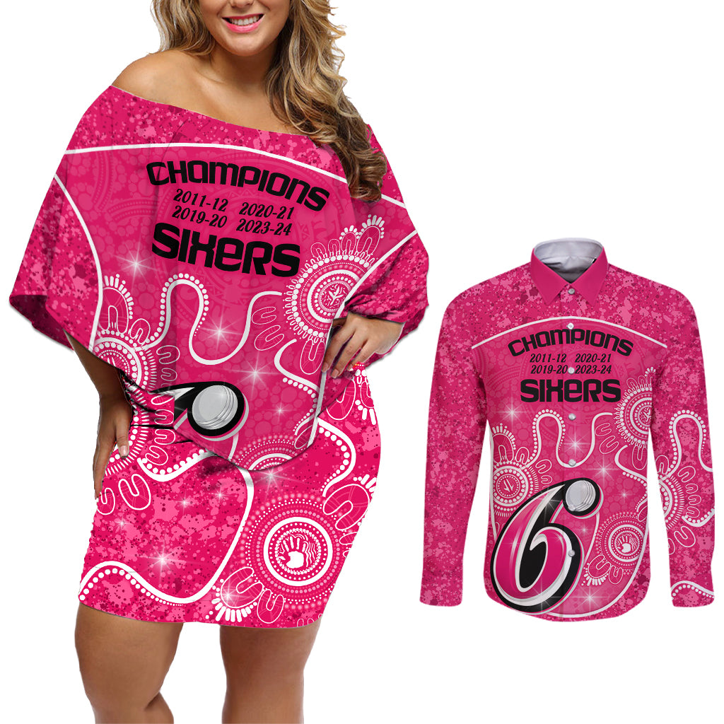 custom-sydney-sixers-cricket-couples-matching-off-shoulder-short-dress-and-long-sleeve-button-shirt-the-fourth-time-champions-aboriginal