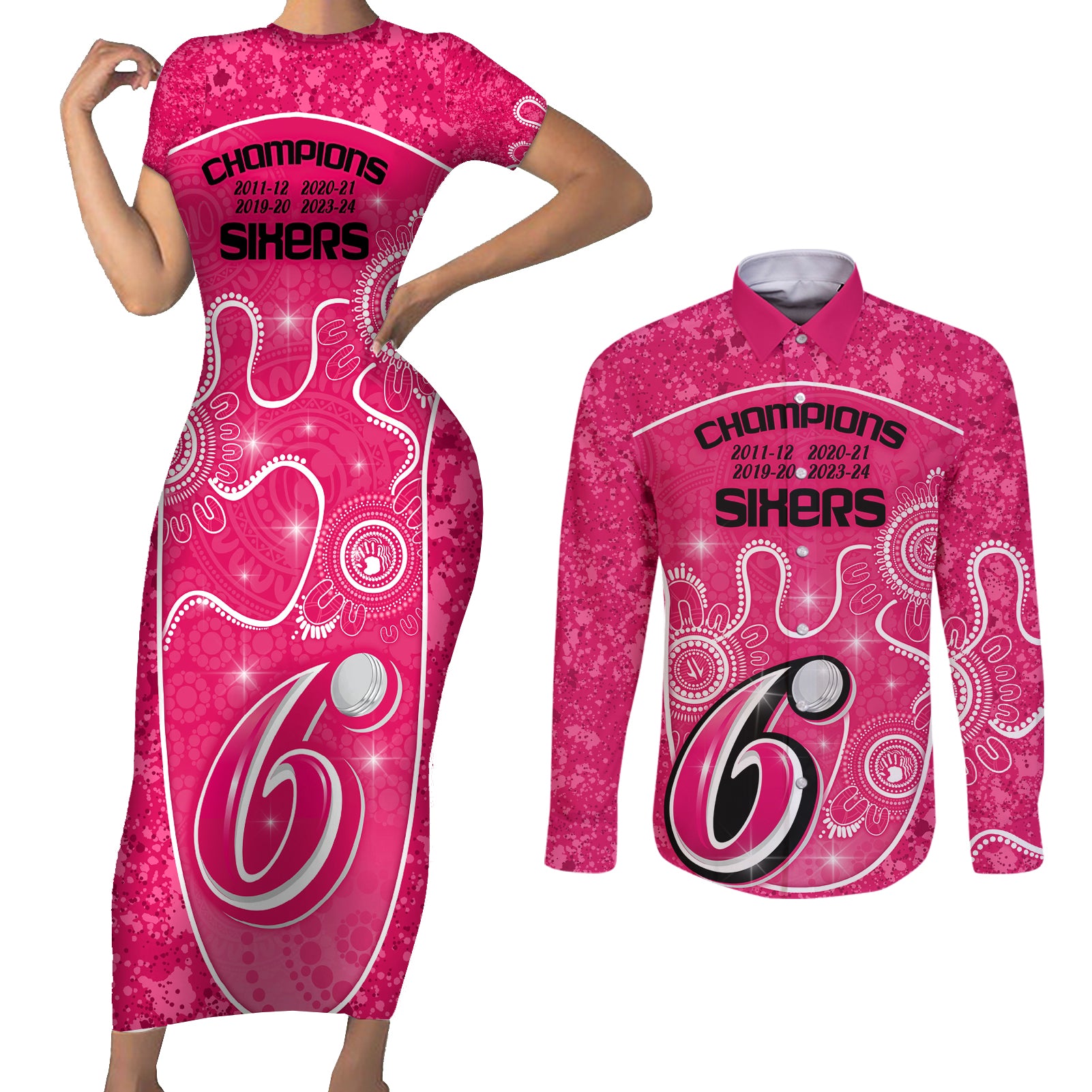 custom-sydney-sixers-cricket-couples-matching-short-sleeve-bodycon-dress-and-long-sleeve-button-shirt-the-fourth-time-champions-aboriginal