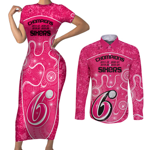 custom-sydney-sixers-cricket-couples-matching-short-sleeve-bodycon-dress-and-long-sleeve-button-shirt-the-fourth-time-champions-aboriginal