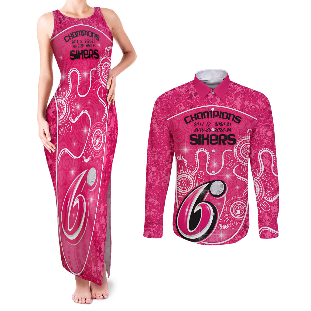 custom-sydney-sixers-cricket-couples-matching-tank-maxi-dress-and-long-sleeve-button-shirt-the-fourth-time-champions-aboriginal