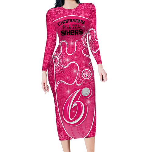 custom-sydney-sixers-cricket-long-sleeve-bodycon-dress-the-fourth-time-champions-aboriginal