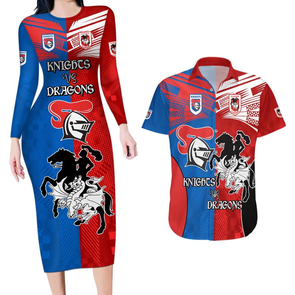 NRL Dragons and Knights Sporty Style Couples Matching Long Sleeve Bodycon Dress and Hawaiian Shirt