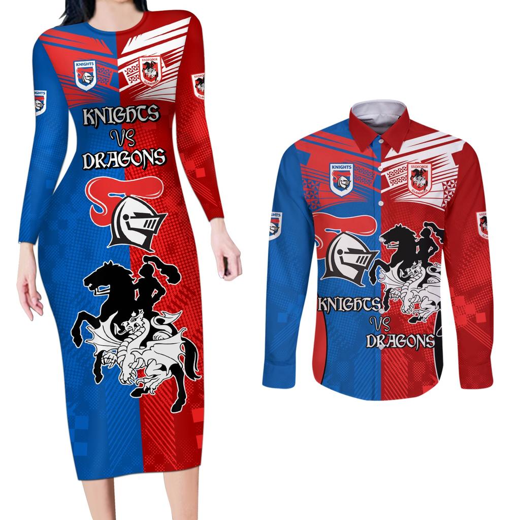 NRL Dragons and Knights Sporty Style Couples Matching Long Sleeve Bodycon Dress and Long Sleeve Button Shirt