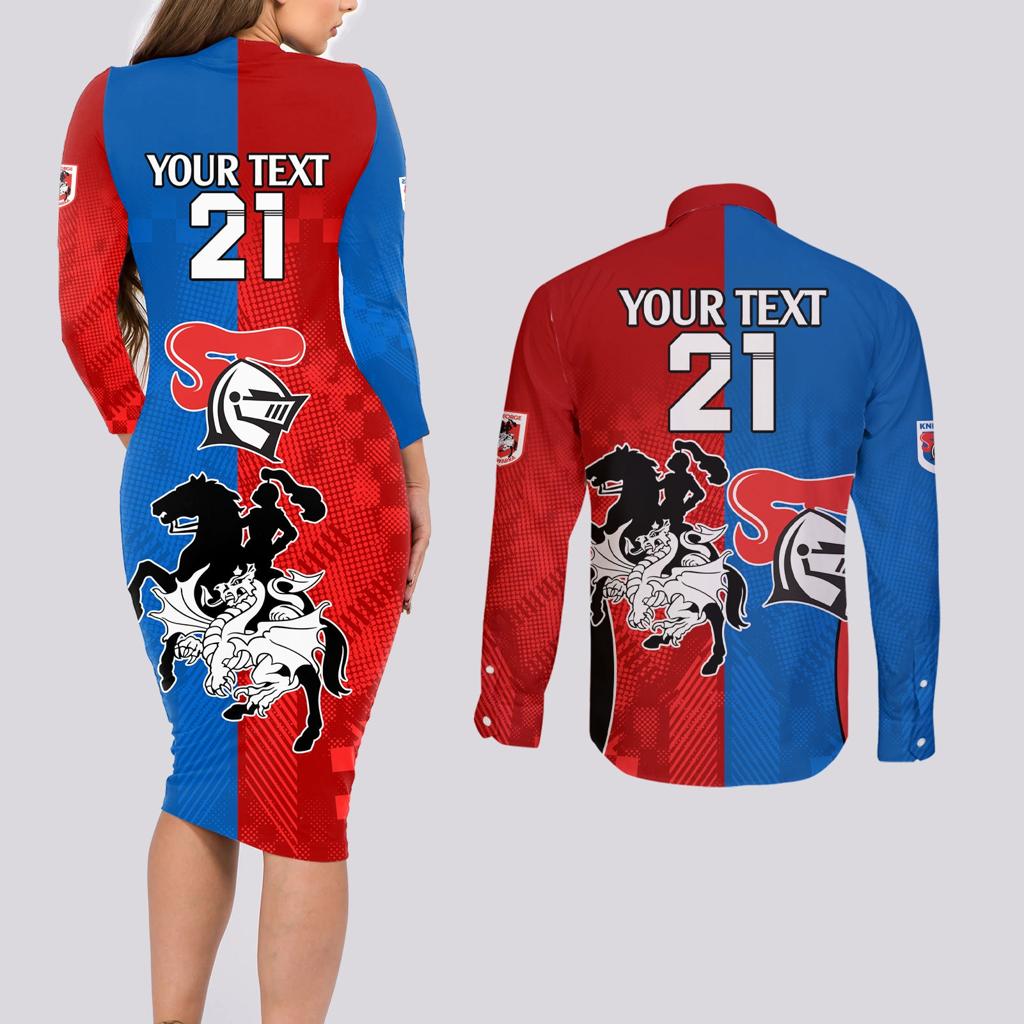 NRL Dragons and Knights Sporty Style Couples Matching Long Sleeve Bodycon Dress and Long Sleeve Button Shirt