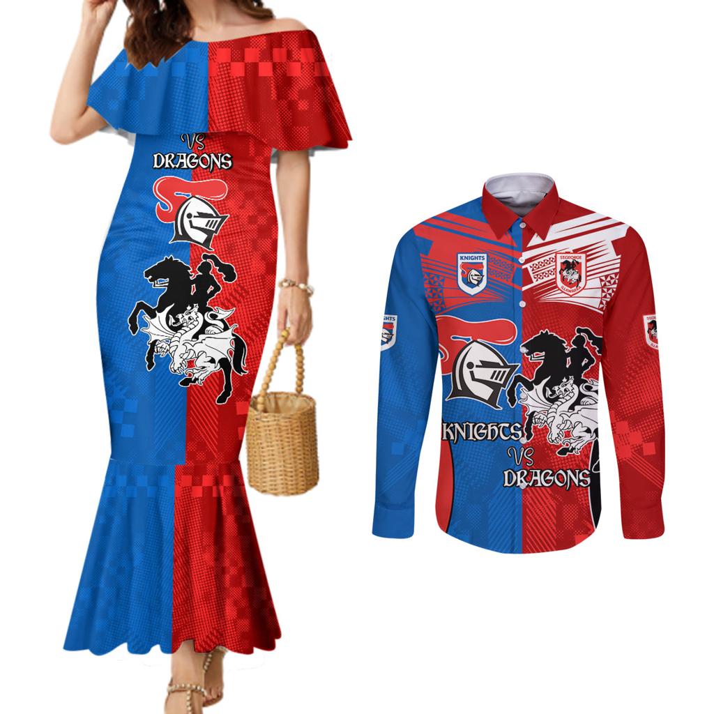 NRL Dragons and Knights Sporty Style Couples Matching Mermaid Dress and Long Sleeve Button Shirt