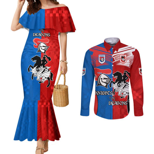 NRL Dragons and Knights Sporty Style Couples Matching Mermaid Dress and Long Sleeve Button Shirt