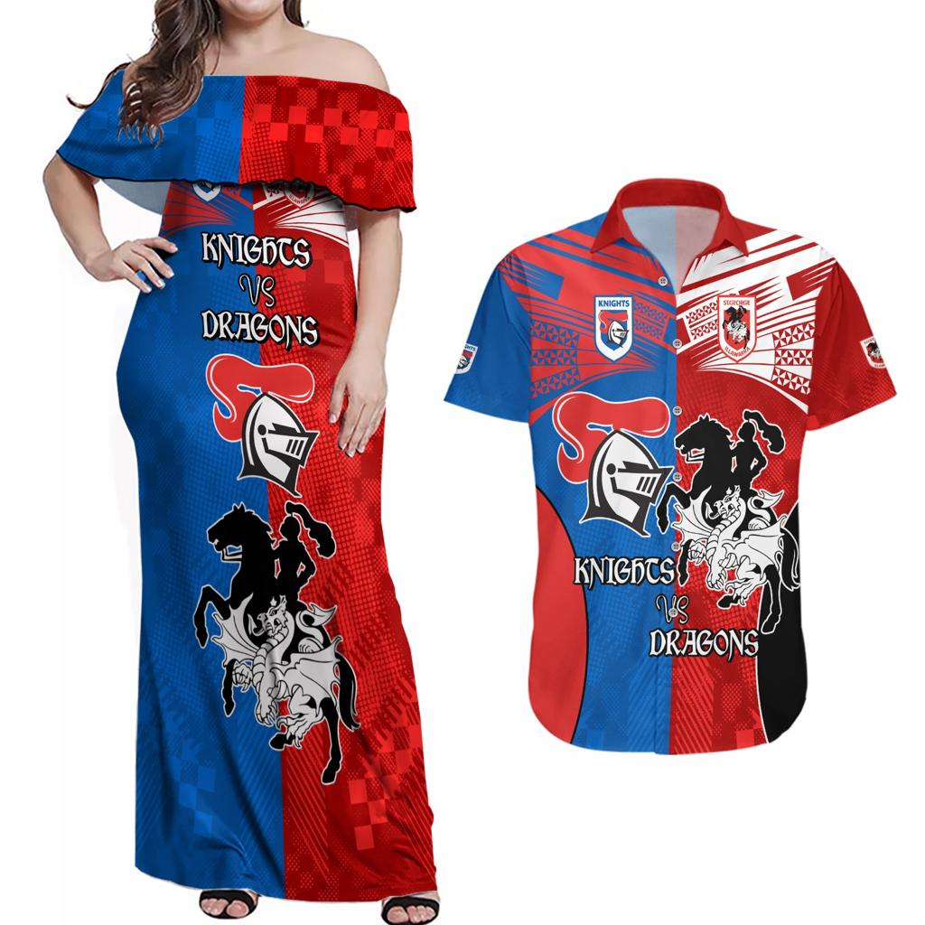 NRL Dragons and Knights Sporty Style Couples Matching Off Shoulder Maxi Dress and Hawaiian Shirt