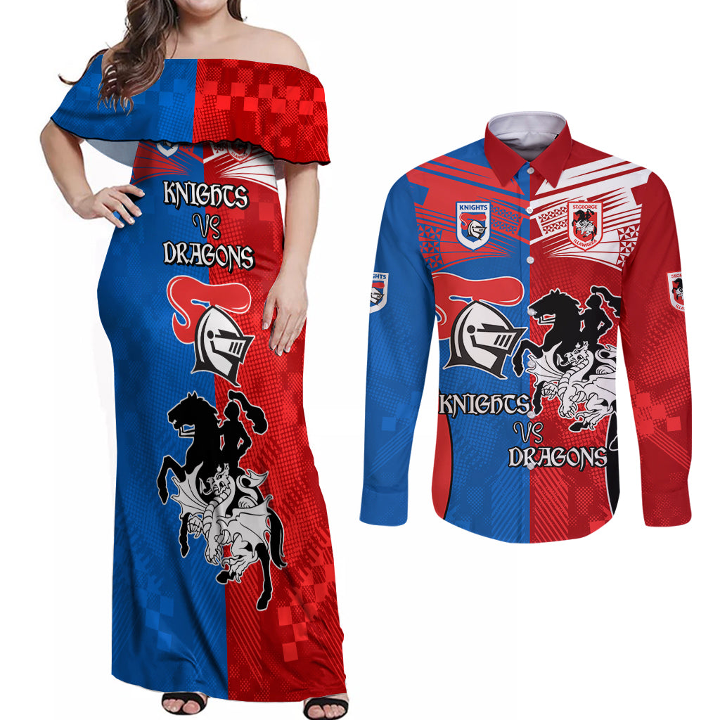 NRL Dragons and Knights Sporty Style Couples Matching Off Shoulder Maxi Dress and Long Sleeve Button Shirt