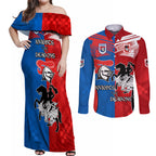 NRL Dragons and Knights Sporty Style Couples Matching Off Shoulder Maxi Dress and Long Sleeve Button Shirt