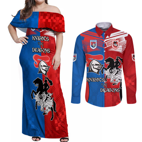 NRL Dragons and Knights Sporty Style Couples Matching Off Shoulder Maxi Dress and Long Sleeve Button Shirt