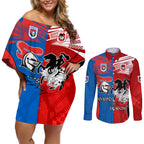 NRL Dragons and Knights Sporty Style Couples Matching Off Shoulder Short Dress and Long Sleeve Button Shirt
