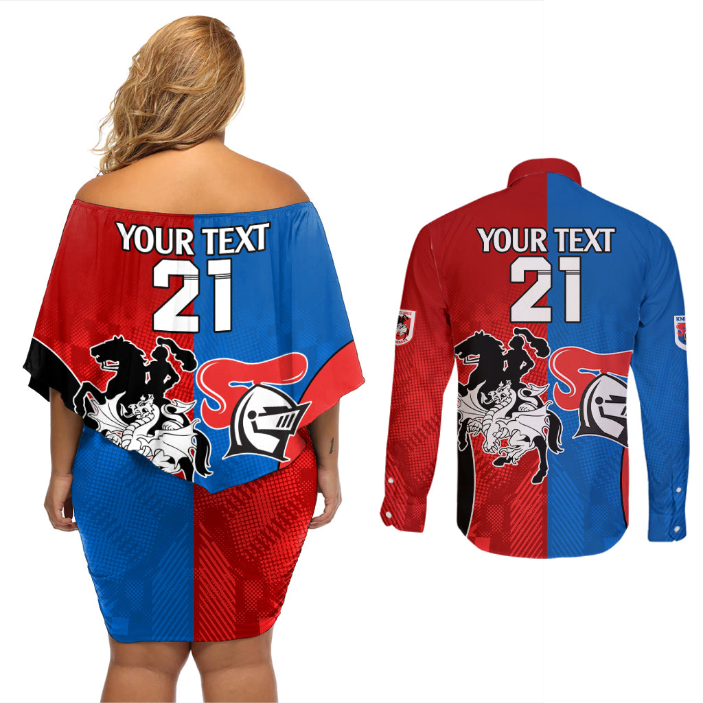 NRL Dragons and Knights Sporty Style Couples Matching Off Shoulder Short Dress and Long Sleeve Button Shirt