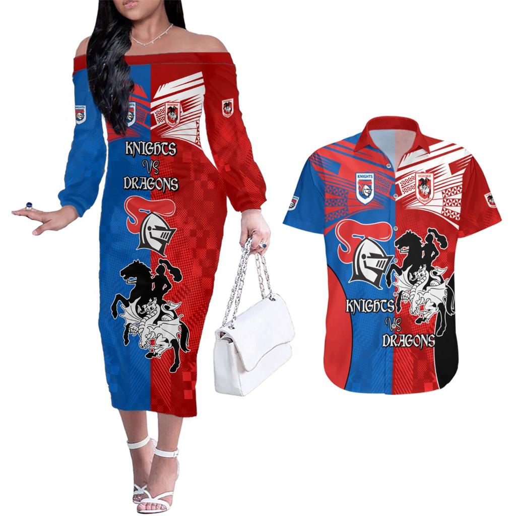 NRL Dragons and Knights Sporty Style Couples Matching Off The Shoulder Long Sleeve Dress and Hawaiian Shirt