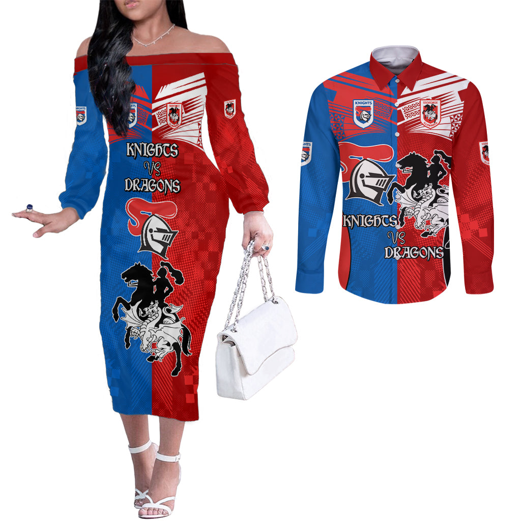 NRL Dragons and Knights Sporty Style Couples Matching Off The Shoulder Long Sleeve Dress and Long Sleeve Button Shirt