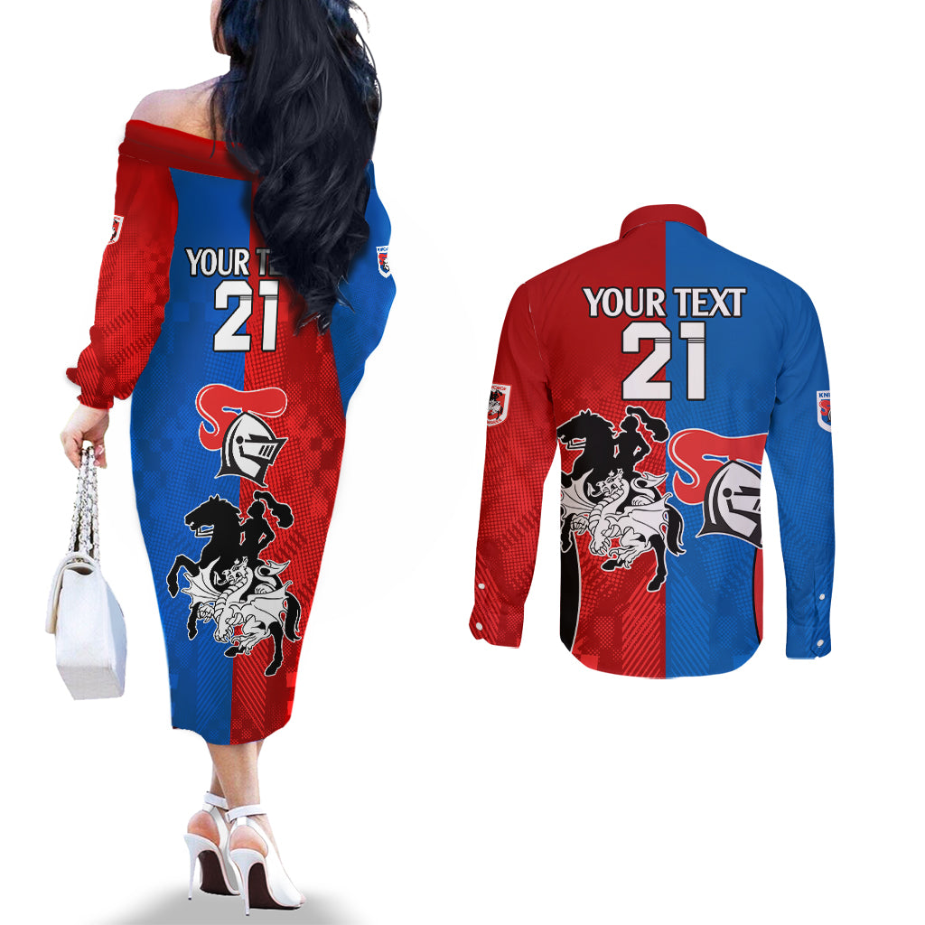 NRL Dragons and Knights Sporty Style Couples Matching Off The Shoulder Long Sleeve Dress and Long Sleeve Button Shirt