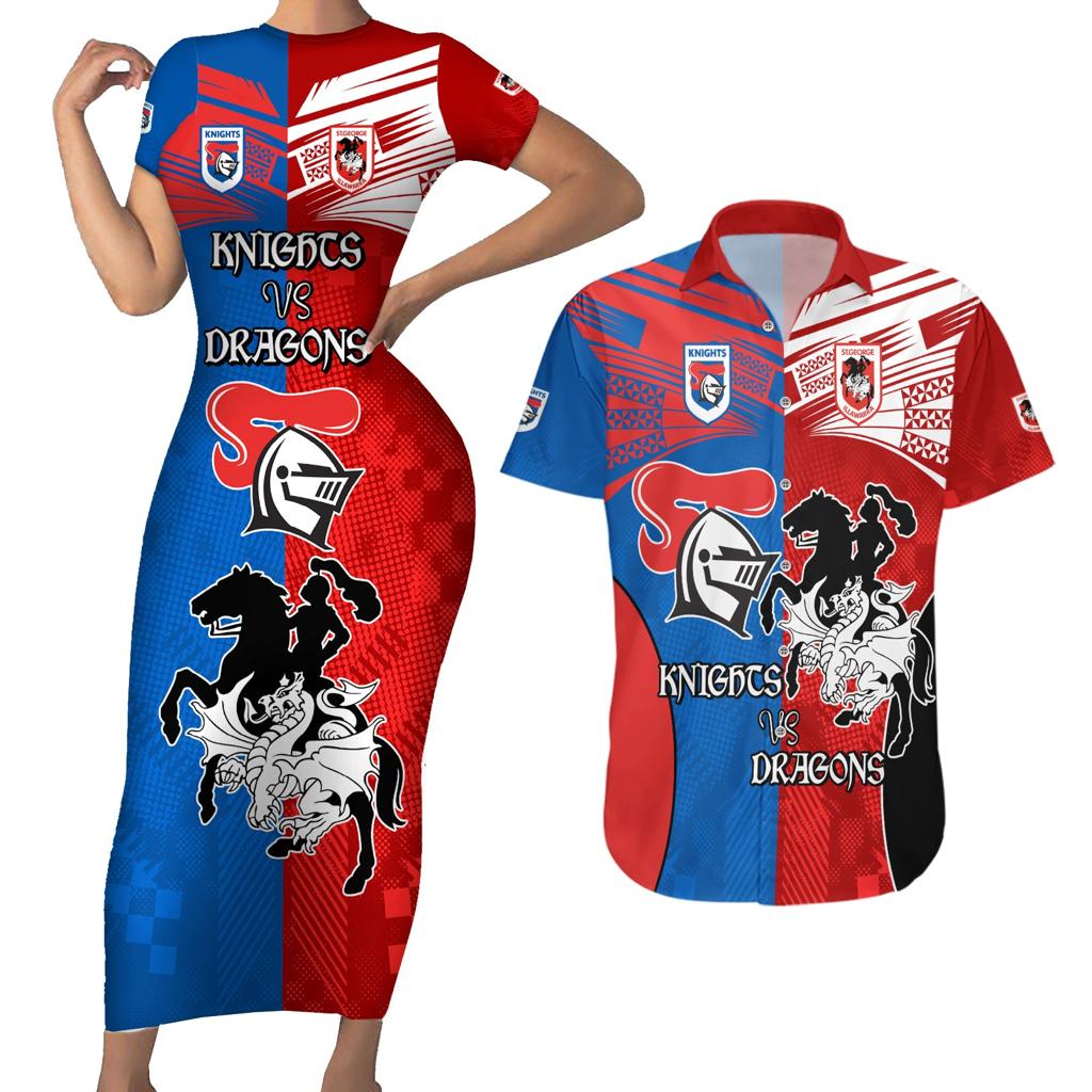 NRL Dragons and Knights Sporty Style Couples Matching Short Sleeve Bodycon Dress and Hawaiian Shirt
