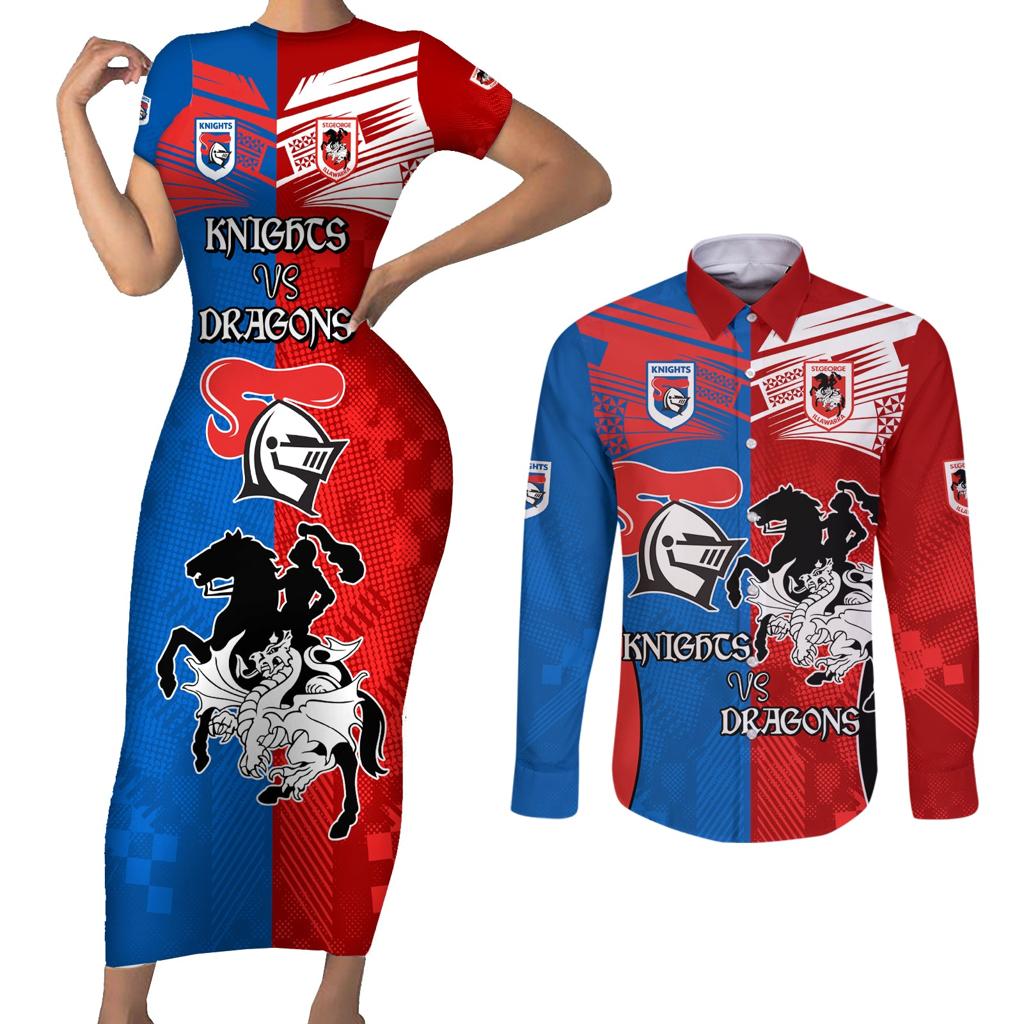 NRL Dragons and Knights Sporty Style Couples Matching Short Sleeve Bodycon Dress and Long Sleeve Button Shirt