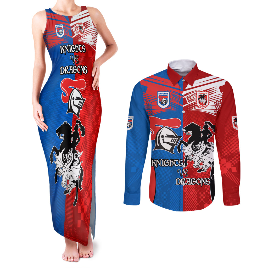 NRL Dragons and Knights Sporty Style Couples Matching Tank Maxi Dress and Long Sleeve Button Shirt
