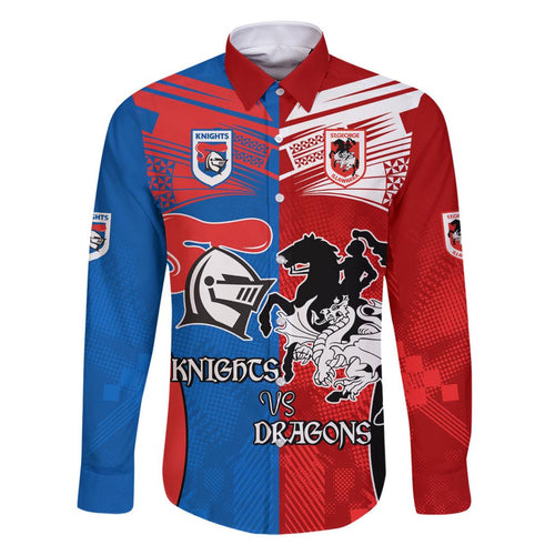 NRL Dragons and Knights Sporty Style Family Matching Off Shoulder Long Sleeve Dress and Hawaiian Shirt