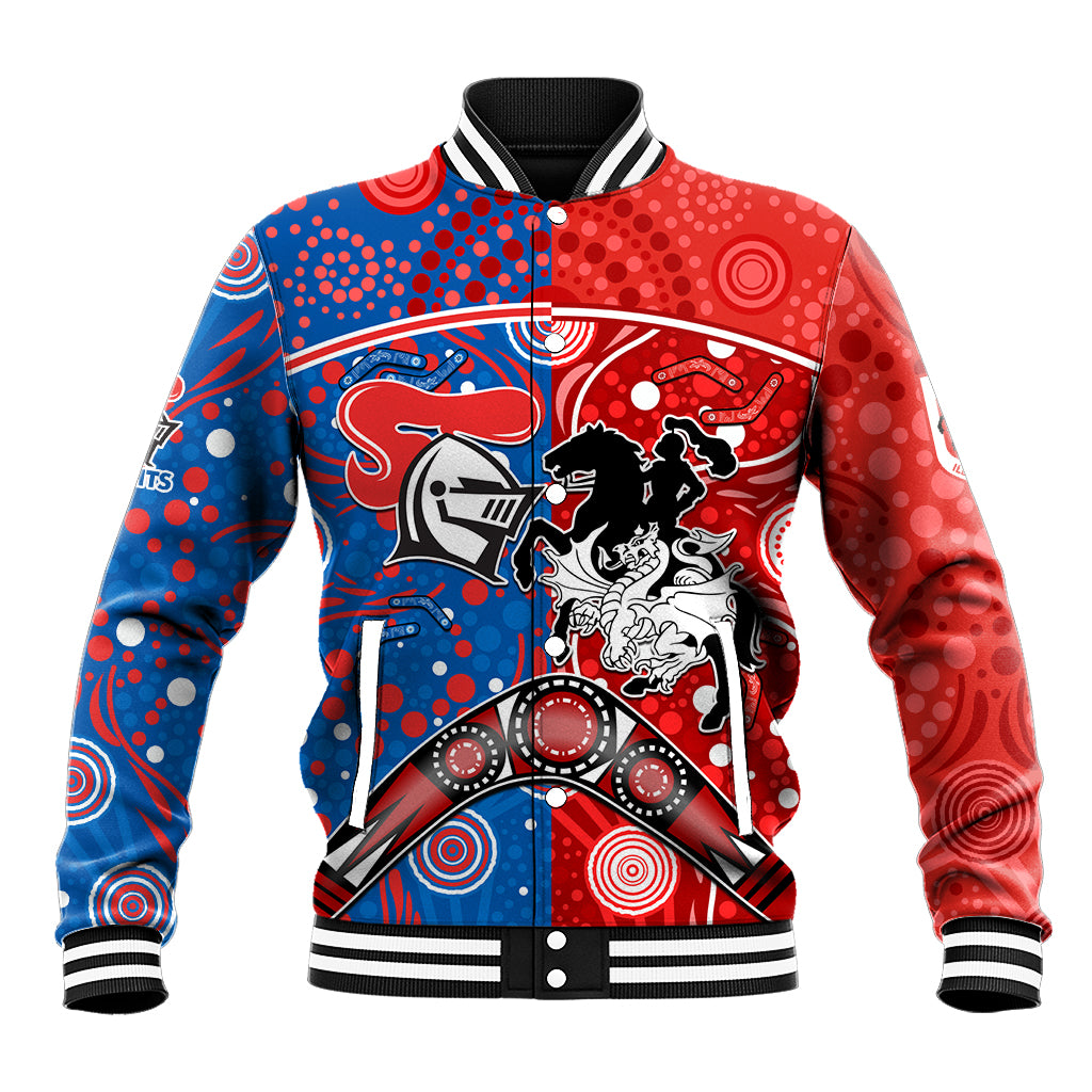 NRL Knights and Dragons Together Baseball Jacket Boomerang Indigenous Dots
