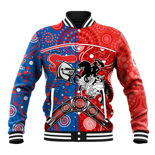 NRL Knights and Dragons Together Baseball Jacket Boomerang Indigenous Dots