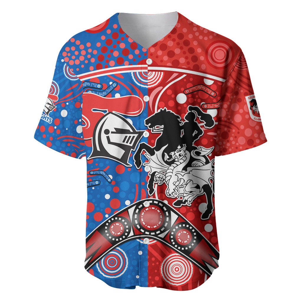 NRL Knights and Dragons Together Baseball Jersey Boomerang Indigenous Dots
